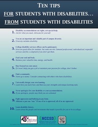 A poster listing ten tips for students with disabilities from students with disabilities.